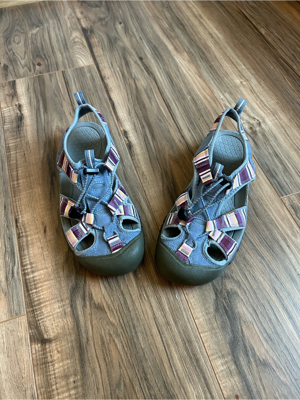 Keen Blue Sandals with Purple and Pink Striped Straps